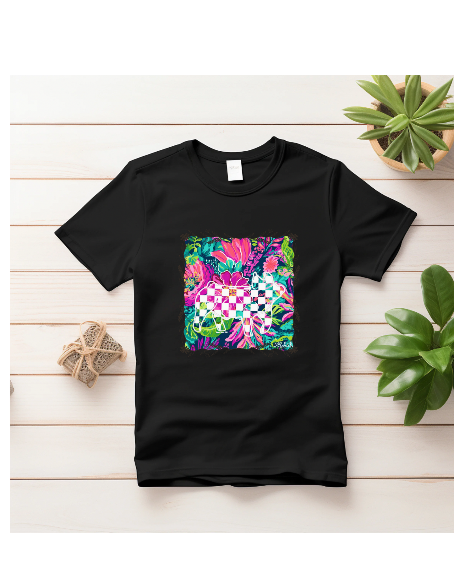 Checkered Pig with Flowers
